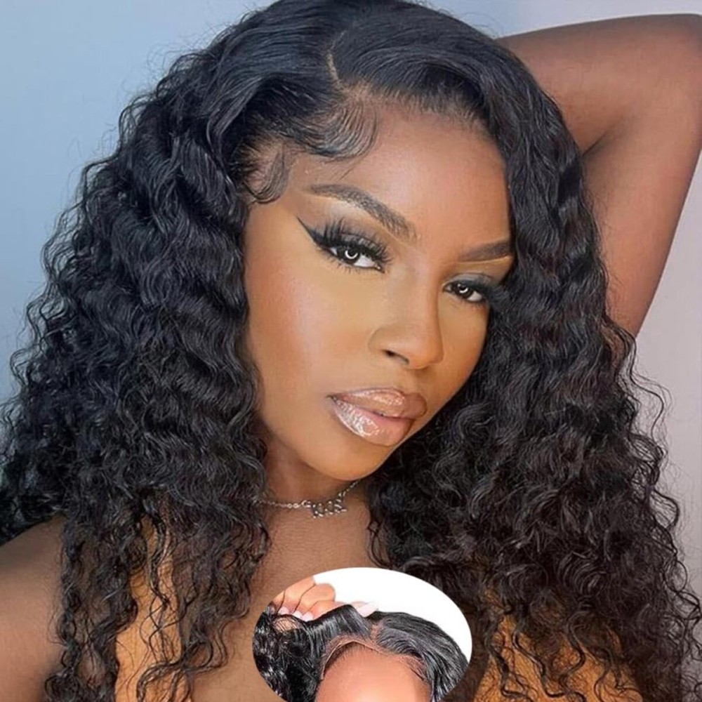 WPPIKK Glueless Wigs Human Hair Pre Plucked Pre Cut Deep Wave Lace Front Wigs Human Hair Wig for 4x4 Lace Black Color Women Wear and Go Glueless Wig(16 Inch)