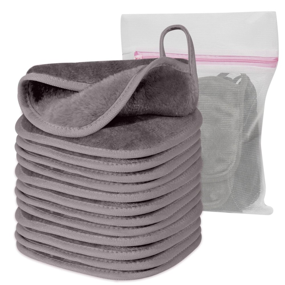 Natwag Makeup Remover Cloth, 6 x 6 Make Up Towels Reusable Face Cloth for Washing Face, Makeup Remover Pads Microfiber Face Washcloth with Mesh Bag, Just Water, 12 Pack, Cool Grey