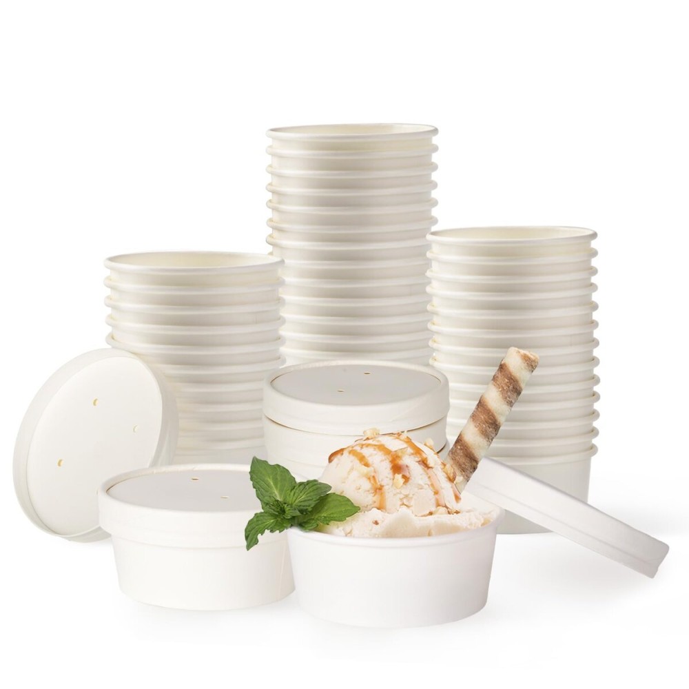 Belinlen 50 SET 5 OZ Disposable White Ice Cream Cups with Lids Medium Hot and Cold To Go Cups Paper Cup Takeout Food Container