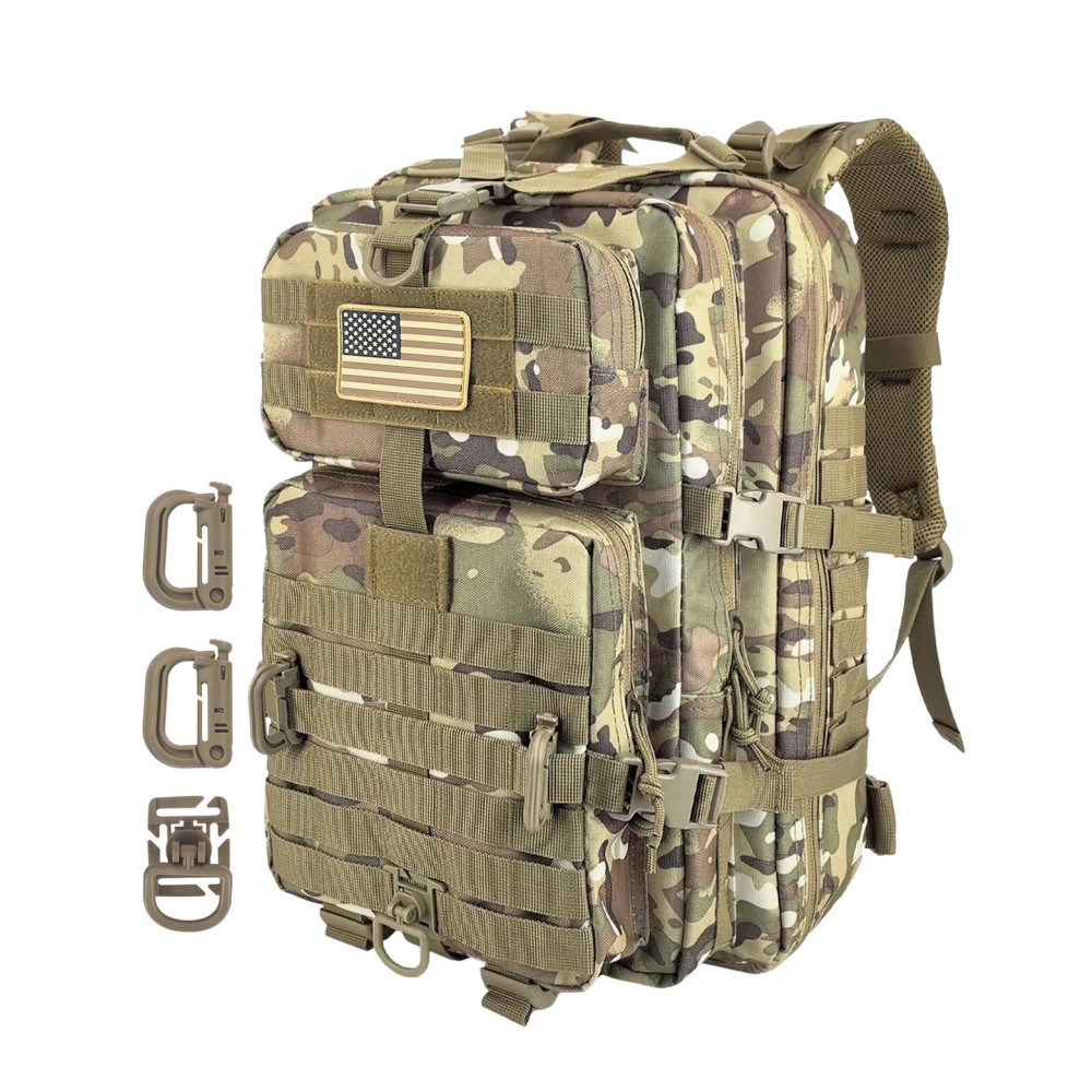 Hannibal Tactical MOLLE Assault Backpack, Tactical Backpack Military Army Camping Rucksack, 3-Day Pack Trip w/USA Flag Patch, D-Rings, Cp