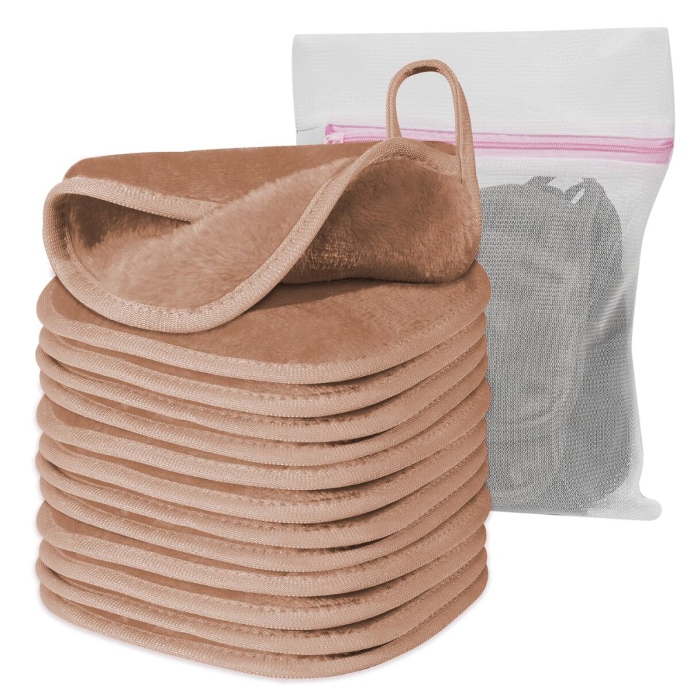 Natwag Makeup Remover Cloth, 6 x 6 Make Up Towels Reusable Face Cloth for Washing Face, Makeup Remover Pads Microfiber Face Washcloth with Mesh Bag, Just Water, 12 Pack, Light Brown