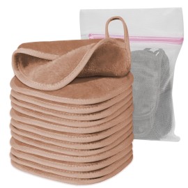 Natwag Makeup Remover Cloth, 6 x 6 Make Up Towels Reusable Face Cloth for Washing Face, Makeup Remover Pads Microfiber Face Washcloth with Mesh Bag, Just Water, 12 Pack, Light Brown