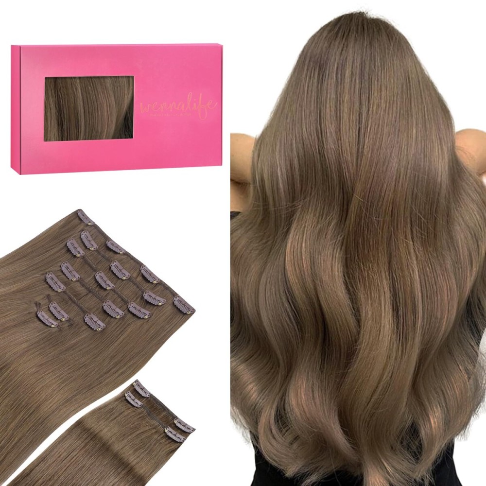 WENNALIFE Clip in Hair Extensions, 150g 14 Inch 9pcs Light Ash Brown Human Hair Extensions Thicker Clip in Hair Extensions Real Human Hair Clip Set Double Weft