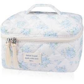 Large Travel Quilted Makeup Bag for Women,Big Floral Cotton Cosmetic Bag, Cute Coquette Aesthetic Floral Toiletry Organizer Bag (Blue Rose)