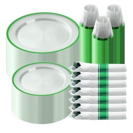 Goodluck 350 Piece Green Plastic Dinnerware Set for Party, Clear Disposable Plates for 50 Guests, Include: 50 Dinner Plates, 50 Dessert Plates, 50 Pre Rolled Napkins with Cutlery Set, 50 Cups