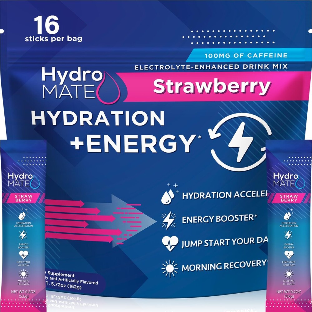 HydroMATE Electrolytes Powder Drink Mix Packets Hydration Accelerator Low Sugar Rapid Party Relief Recovery Vitamin C Plus Caffeine Strawberry 16 Count