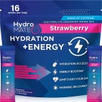 HydroMATE Electrolytes Powder Drink Mix Packets Hydration Accelerator Low Sugar Rapid Party Relief Recovery Vitamin C Plus Caffeine Strawberry 16 Count