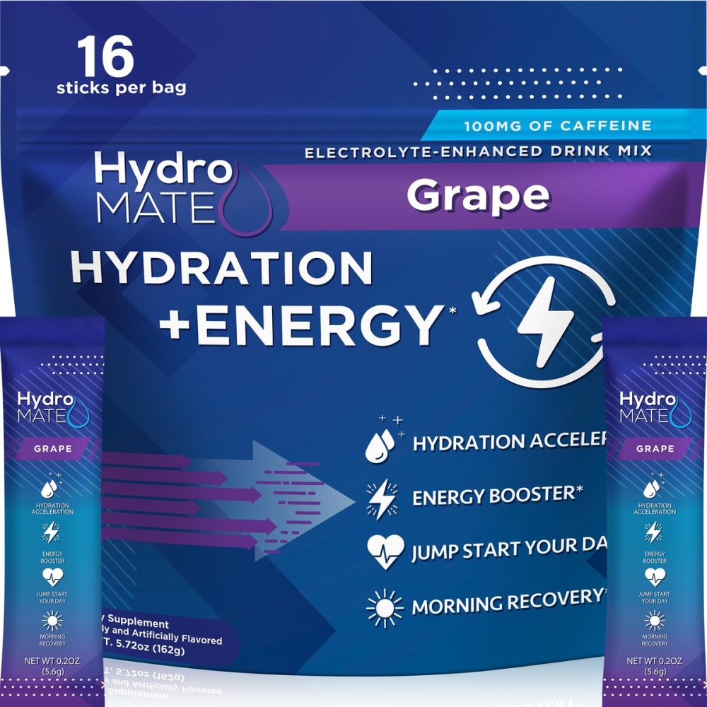 HydroMATE Electrolytes Powder Drink Mix Packets Hydration Accelerator Low Sugar Rapid Party Relief Recovery Vitamin C Plus Caffeine Grape 16 Count