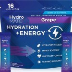 HydroMATE Electrolytes Powder Drink Mix Packets Hydration Accelerator Low Sugar Rapid Party Relief Recovery Vitamin C Plus Caffeine Grape 16 Count