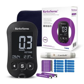 KetoSens Blood Ketone Monitoring System Set: Single Meter +50 Ketone Test Strips, 10 Lancets (30G), 1 Lancing Device, 2 Batteries, a Instructions for Use, 1 Logbook, 1 Carrying Case