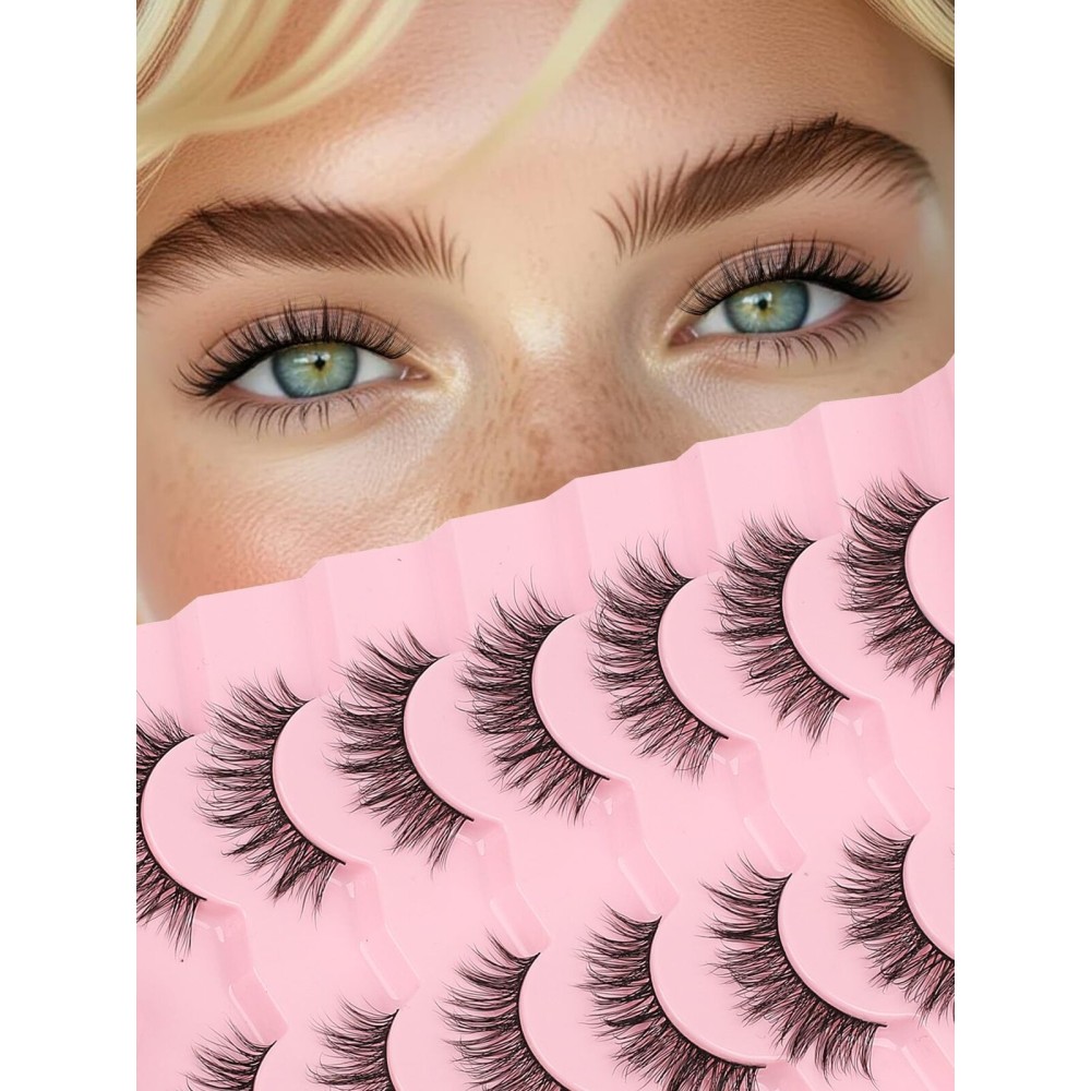 Wispy Lashes False Eyelashes 16mm Strip Lashes Fluffy Eyelashes C Curl Lash Strips Fake Eyelashes Natural with 0.1MM Thin Cotton Band Siligli 3D Volume Eyelash Pack 7 Pair
