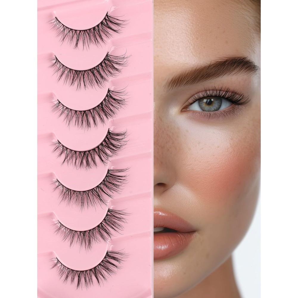Eyelashes Natural Cat Eye Lashes 15mm Wispy Eyelashes Flared Fluffy Strip Lashes 0.1MM Thin Band False Eyelashes C Curl Lashes Siligli Eye Lashes Pack 7 Pair