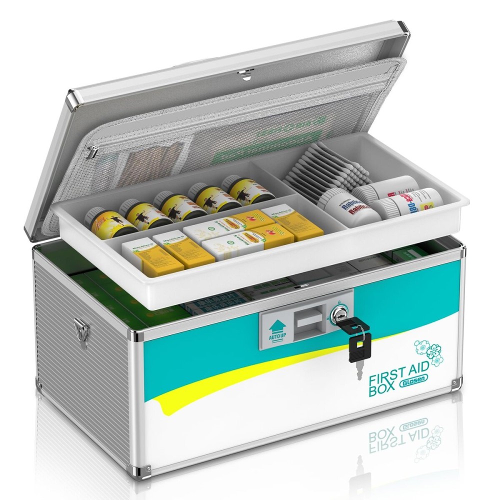 Glosen Medicine Lock Box,locking medicine box, Security Lock BoxesExtra Large 16inch 16 x 9.25 x 7.5 Inch with removable storage pocket lock box, First Aid Key Safe Box for Medication