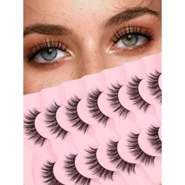 False Lashes Wispy Eyelashes Natural Look 15MM Fake Eyelashes 0.1MM Thin Band Strip Lashes Lightweight False Eyelash 3D Volume Fluffy Eye Lash C Curl Soft Siligli 7 Pair
