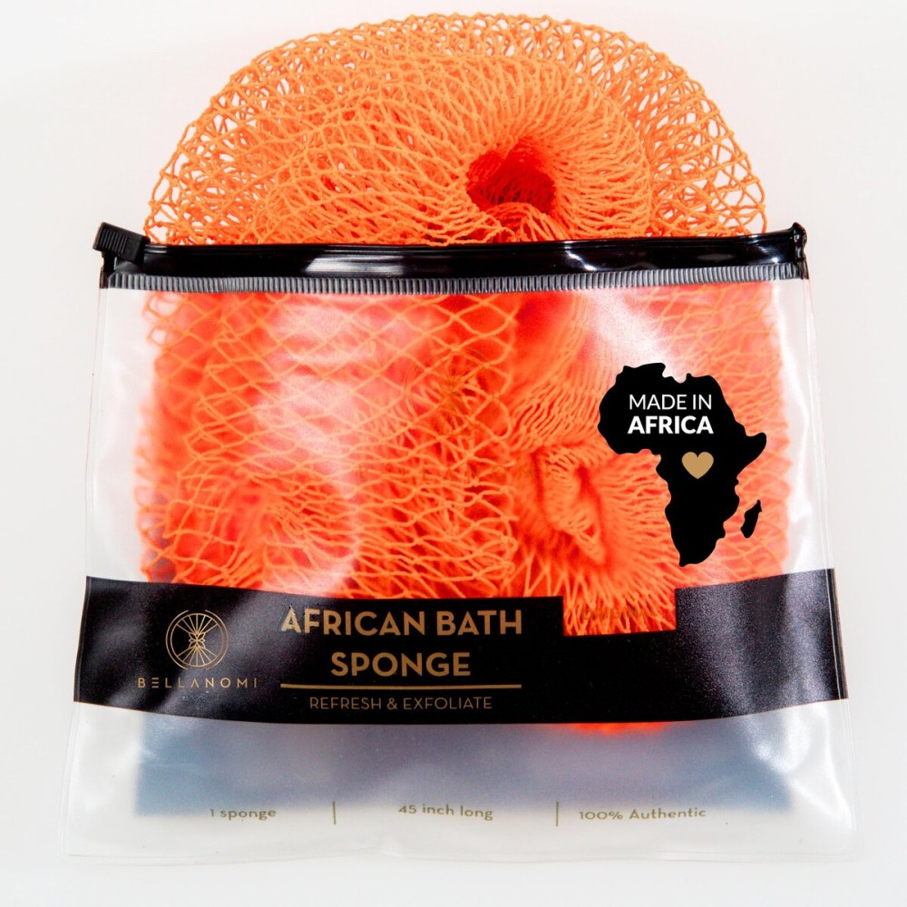 BELLANOMI African Exfoliating Net Sponge, Authentic, Ethically sourced from Nigeria, 45 inches Long, Back Scrubber for Daily use (Orange)