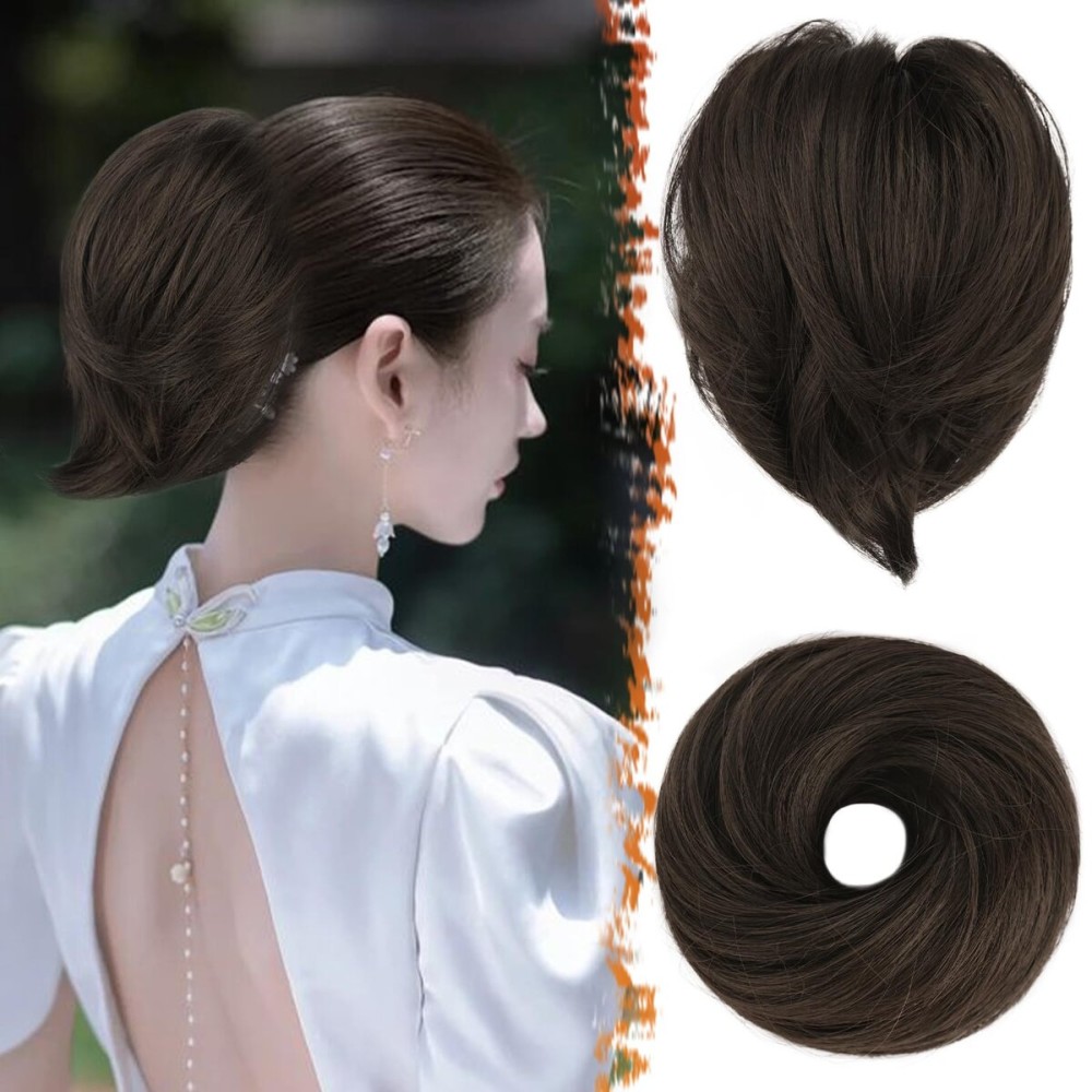 BARSDAR Straight Brown Hair Bun Extension - Synthetic Elastic Messy Ponytail Scrunchie for Women - Short Daily Hairpiece - Dark Brown Mixed