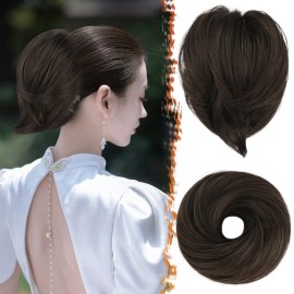BARSDAR Straight Brown Hair Bun Extension - Synthetic Elastic Messy Ponytail Scrunchie for Women - Short Daily Hairpiece - Dark Brown Mixed