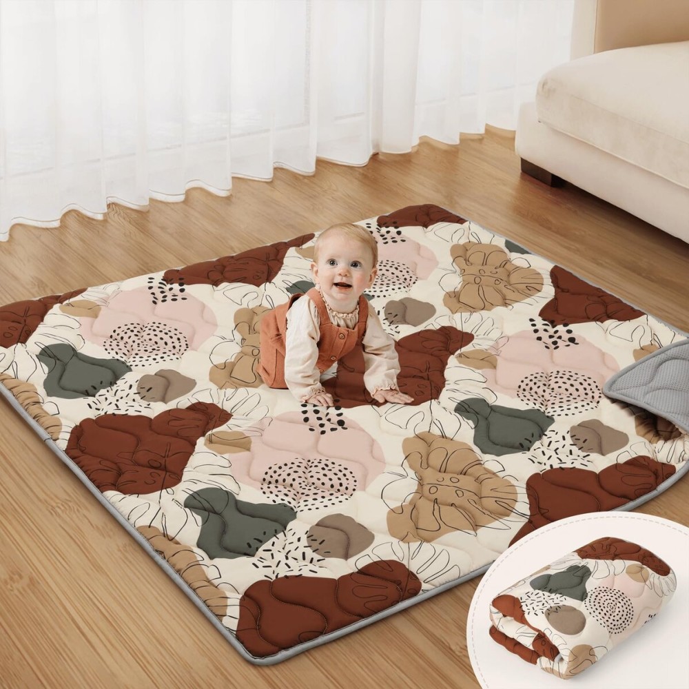 Blissful Diary Portable Baby Play Mats for Floor, Thicker Cushioned Foldable Baby Crawling Mat for Indoor Outdoor, Non-Slip & Washable Kids Playmat for Tummy Time Activity, Boho 43 X 43