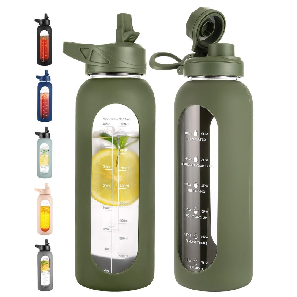 CIVAGO 40 oz Glass Water Bottle with Straw and Handle, Large Sports Motivational Water Bottle Flask with Time Marker and 2 Lids, Leakproof Water Jug Canteen with Silicone Sleeve for Gym,Army Green