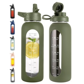 CIVAGO 40 oz Glass Water Bottle with Straw and Handle, Large Sports Motivational Water Bottle Flask with Time Marker and 2 Lids, Leakproof Water Jug Canteen with Silicone Sleeve for Gym,Army Green