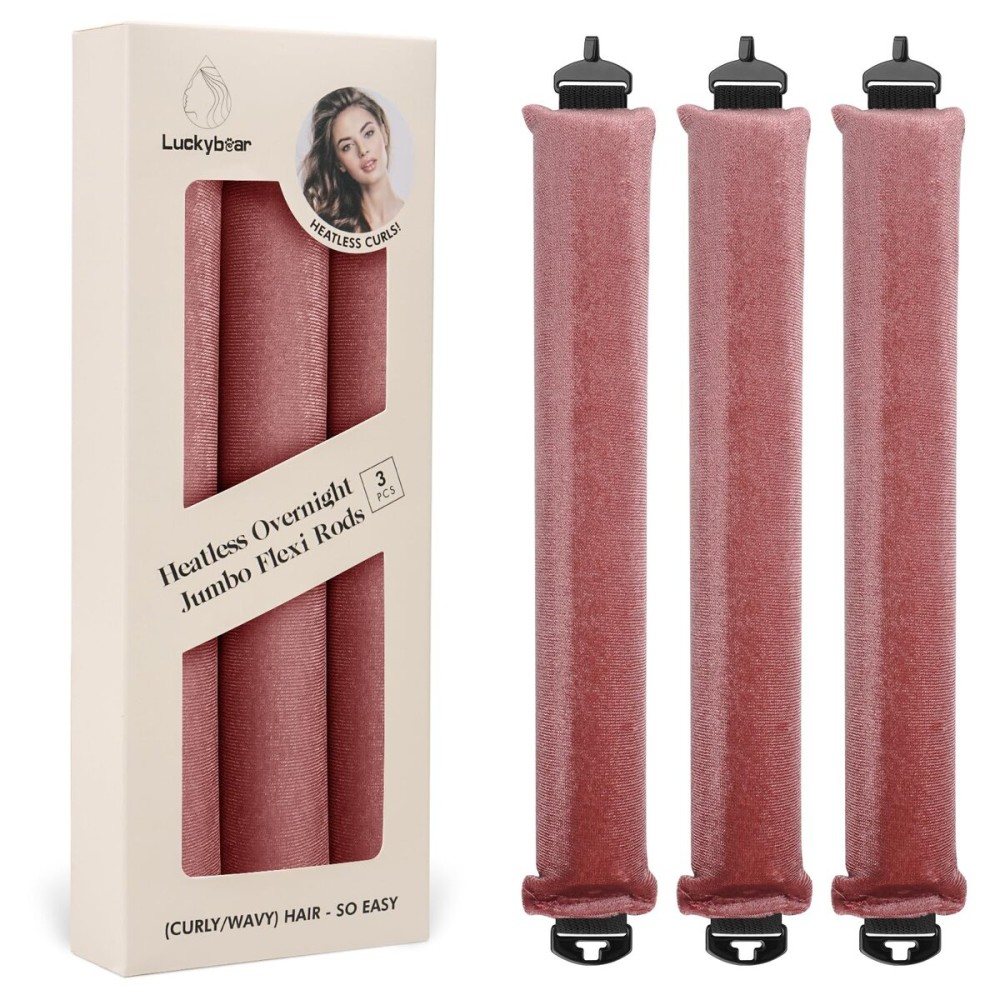 Luckybear Heatless Hair Curlers, 3pcs Satin Jumbo Flexi Rods for All Hair Types, Overnight Sleeping Curls Styling Tools, Dark Pink