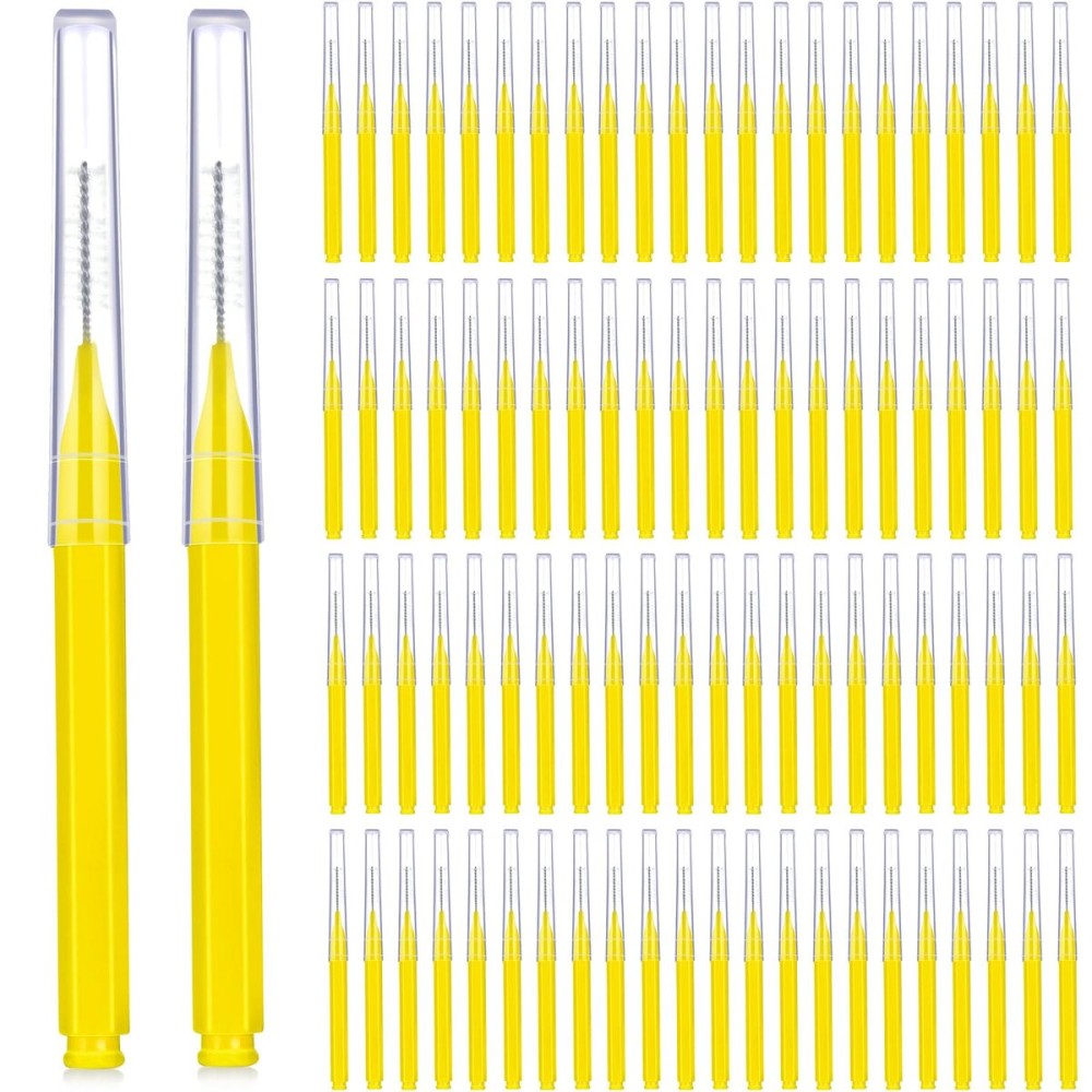 Patelai 100 Pieces Braces Brush for Cleaner Interdental Brush Toothpick Dental Tooth Flossing Head Oral Dental Hygiene Flosser Toothpick Cleaners Tooth Tool(Yellow,Portable Size)