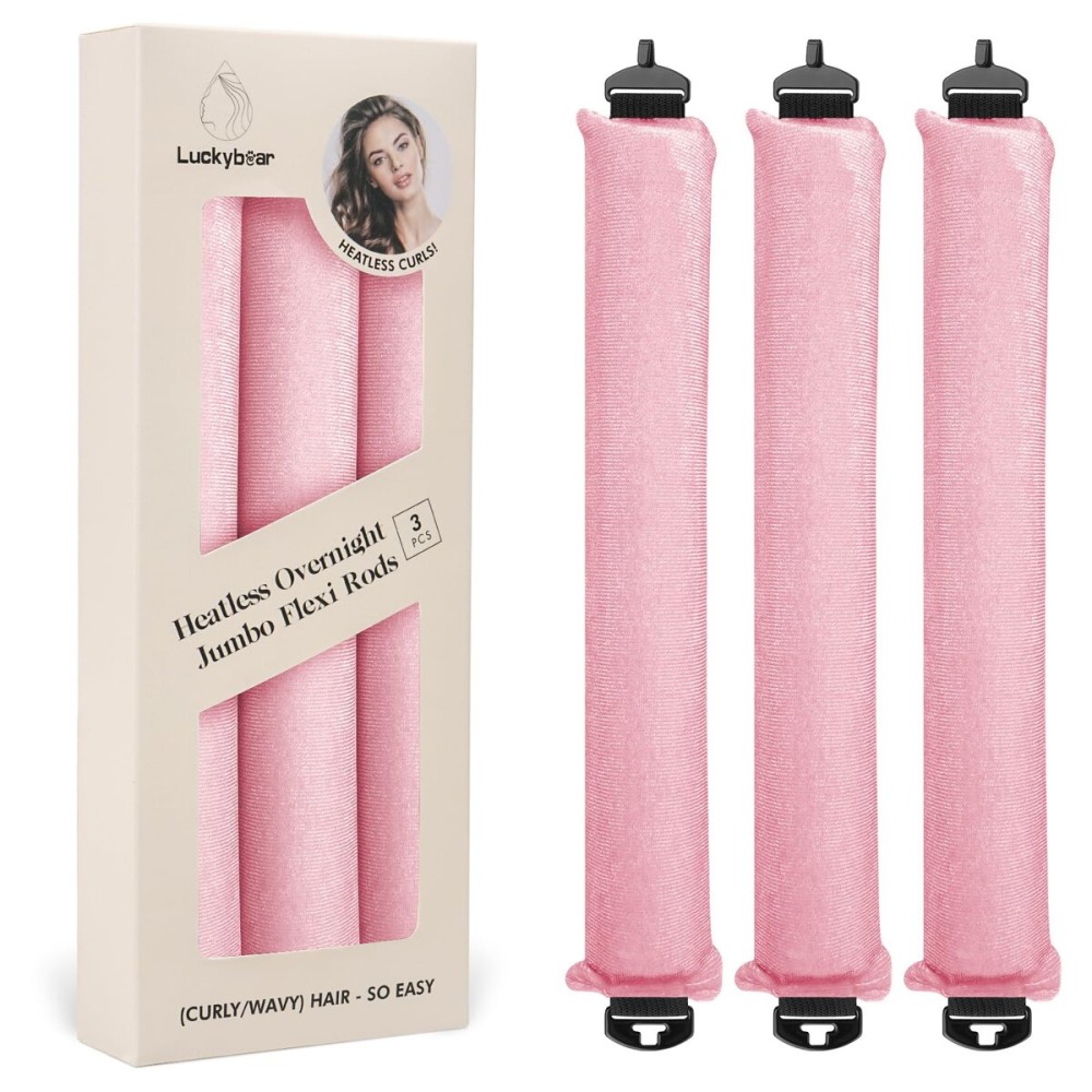 Luckybear Jumbo Heatless Hair Curler, 3pcs Pink Satin Flexi Rods - Heatless Curls, Soft Velvet Overnight Sleeping Curls Styling Tools for All Hair Types