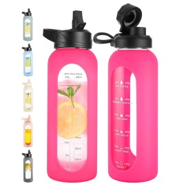 CIVAGO 40 oz Glass Water Bottle with Straw and Handle, Large Sports Motivational Water Bottle Flask with Time Marker and 2 Lids, Leakproof Water Jug Canteen with Silicone Sleeve for Gym,Camelia