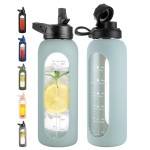 CIVAGO 40 oz Glass Water Bottle with Straw and Handle, Large Sports Motivational Water Bottle Flask with Time Marker and 2 Lids, Leakproof Water Jug Canteen with Silicone Sleeve for Gym,Sage