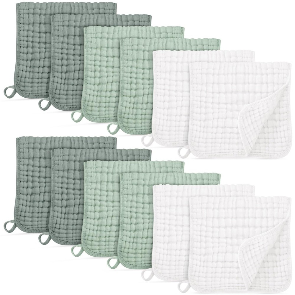 Unnivoll Muslin Burp Cloths for Baby 100% Cotton Burping Cloths for Boys Girls Large 20\'\'X10\'\' Extra Soft and Absorbent 12 Pack - White and Green