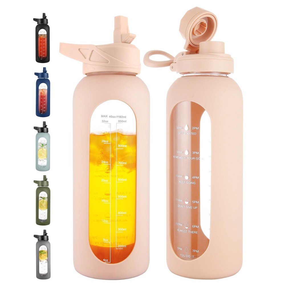 CIVAGO 40 oz Glass Water Bottle with Straw and Handle, Large Sports Motivational Water Bottle Flask with Time Marker and 2 Lids, Leakproof Water Jug Canteen with Silicone Sleeve for Gym,Beige