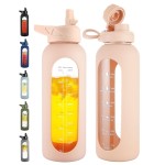 CIVAGO 40 oz Glass Water Bottle with Straw and Handle, Large Sports Motivational Water Bottle Flask with Time Marker and 2 Lids, Leakproof Water Jug Canteen with Silicone Sleeve for Gym,Beige