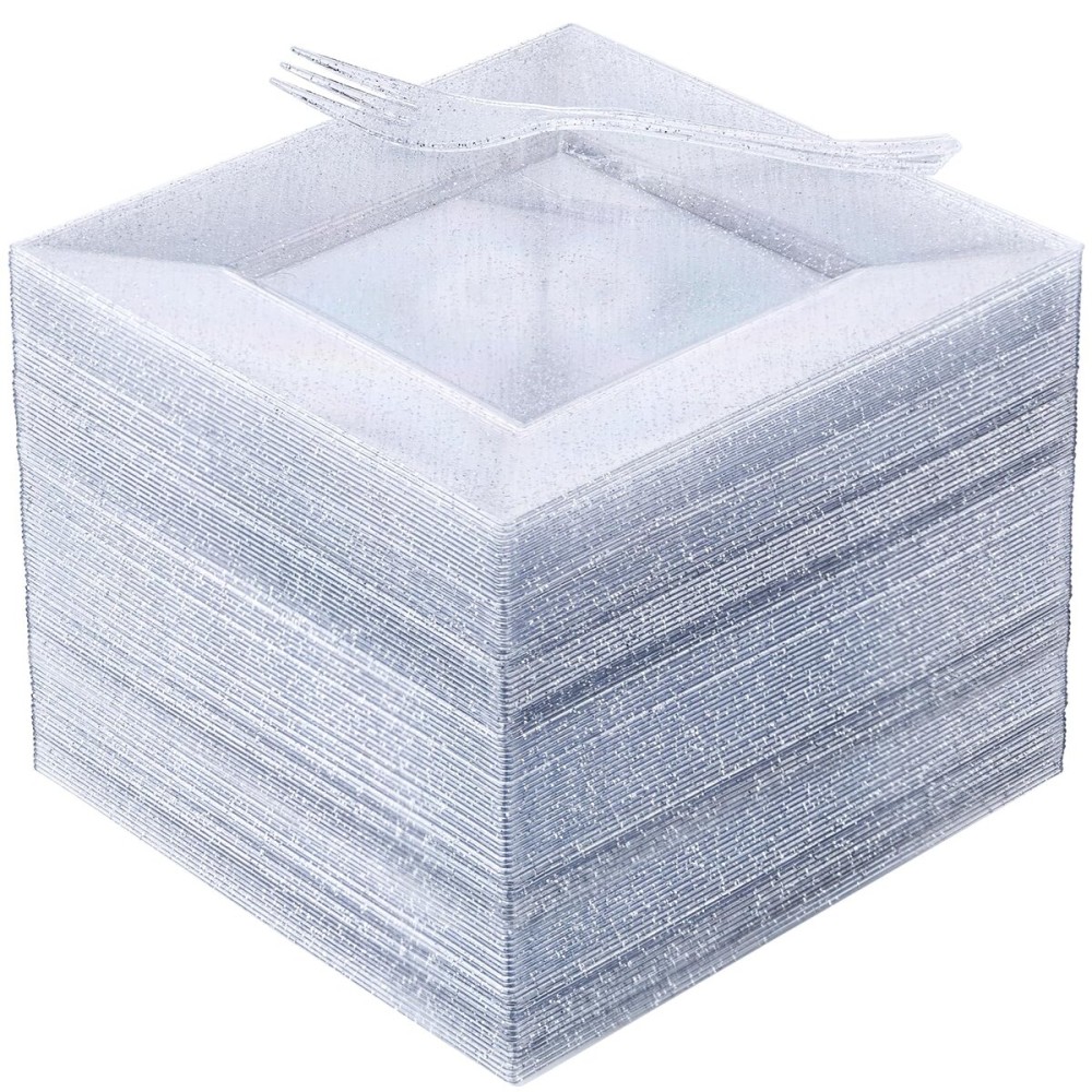 DaYammi 100Pcs Dessert Plates Set Including 50Pcs Cake Plates 6,50Pcs Plastic Forks 5.7,Silver Glitter Square Plastic plates for Wedding,Silver Dessert plates and Forks for Christmas Party Birthday