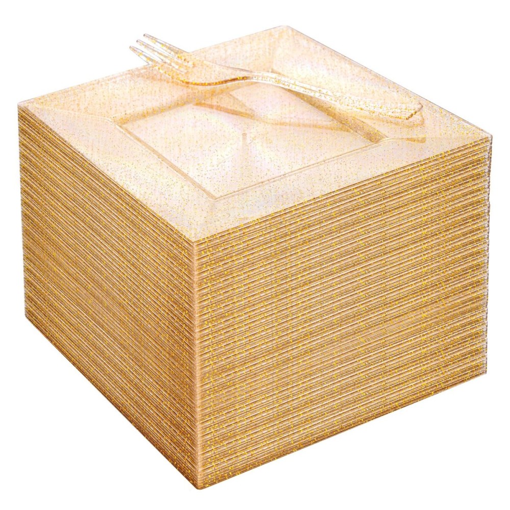 DaYammi 100Pcs Gold Glitter Dessert Plates Including 50Pcs Appetizer Plates 6,50Pcs Plastic Forks 5.7,Gold Glitter Plastic Square Plate for Party,Gold Salad Plate with Cake Fork for Birthday Wedding