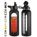 CIVAGO 40 oz Glass Water Bottle with Straw and Handle, Large Sports Motivational Water Bottle Flask with Time Marker and 2 Lids, Leakproof Water Jug Canteen with Silicone Sleeve for Gym,Black