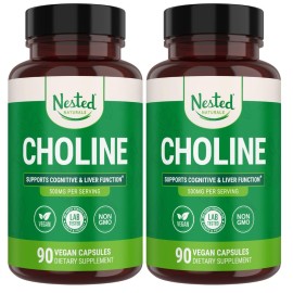 Nested Naturals Choline Bitartrate 500mg - High Potency Choline Supplements - Supports Maternal & Fetal Health During Pregnancy* - 100% Vegan & Non-GMO - 2-Pack (180 Vegan Capsules)