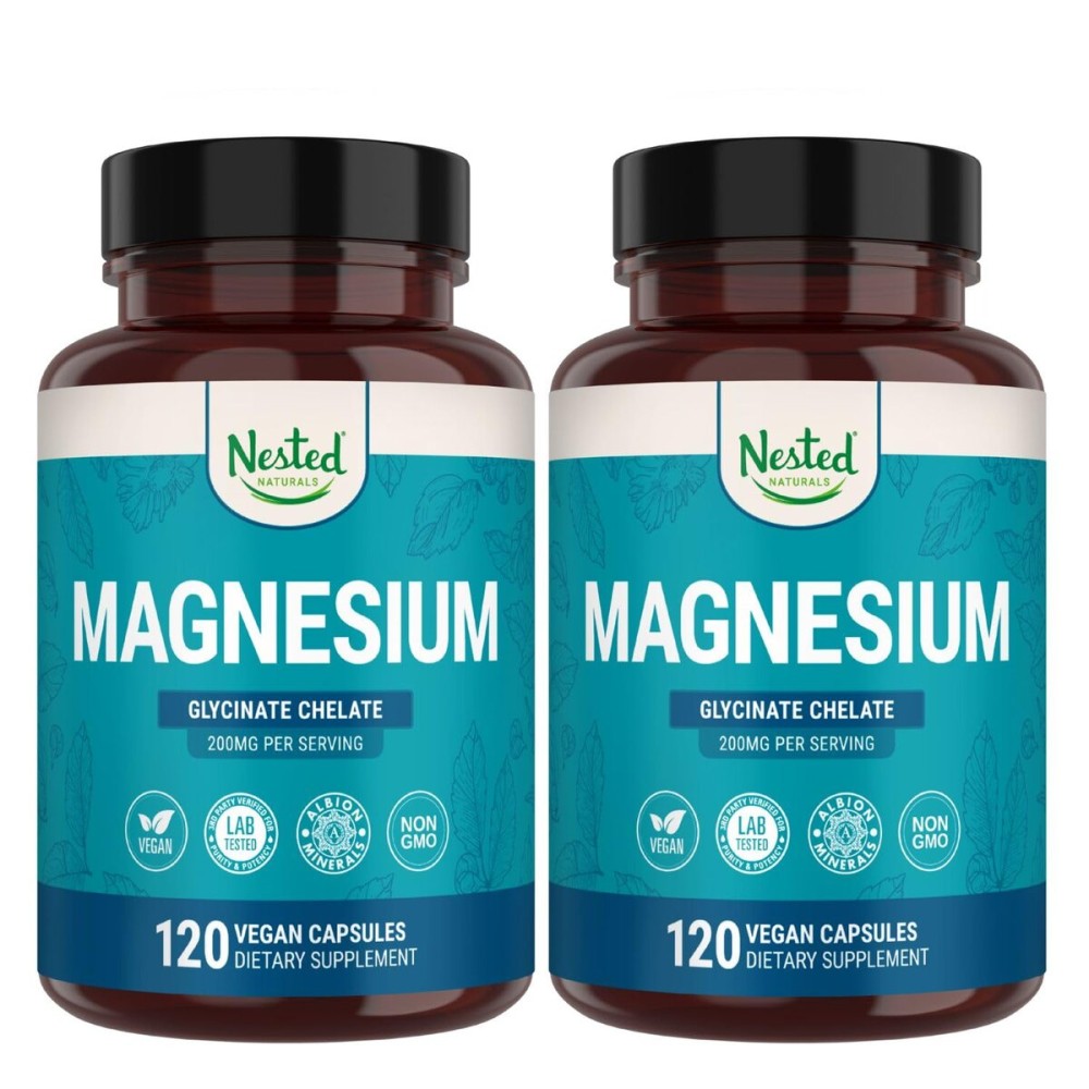 Nested Naturals Magnesium Glycinate Chelate - 200mg Chelated Magnesium Supplement for Muscle Cramps, Relaxation, & Sleep Support - 100% Albion TRACCS Buffered Magnesium Glycinate - 240 Vegan Capsules
