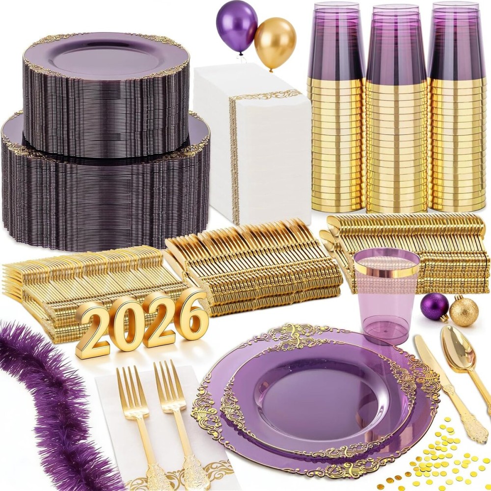 Nervure 350PCS Purple Plastic Plates - Purple Plastic Dinnerware Sets for 50 Guests - 100 Disposable Plates, 150 Gold Silverware, 50 Cups, 50 Napkins for Wedding & Party