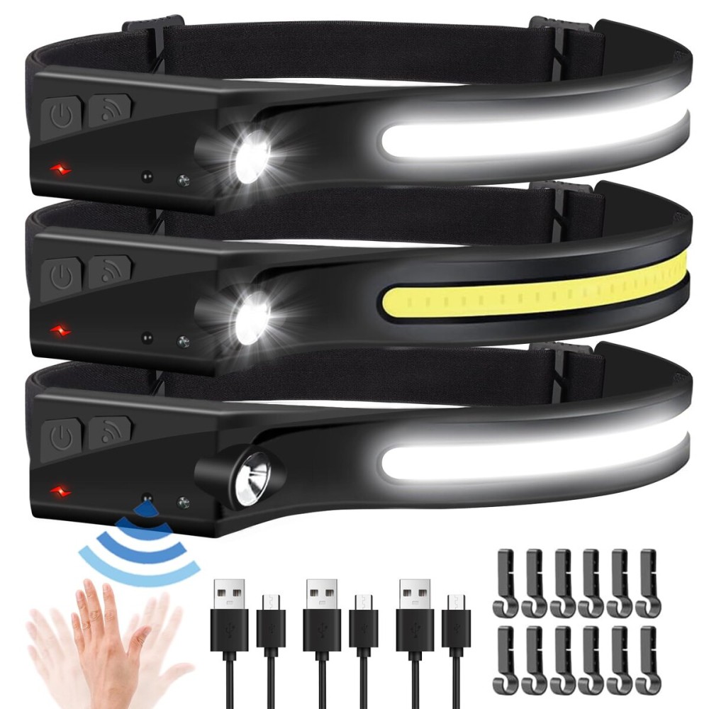 Headlamp Rechargeable, 3Pack Rechargeable LED Headlamps 1200Lumens 2 COB 230Wide Beam Headlight with Motion Sensor Bright 5 Modes Lightweight Waterproof Head Lamp for Outdoor Running, Camping Hiking