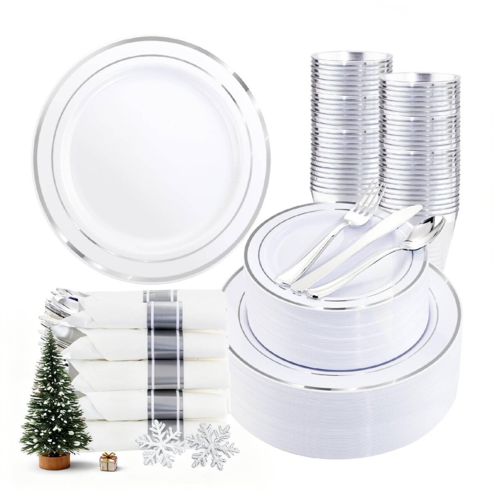 WDF Partyware 350Piece Silver Plastic Dinnerware Set for 50 Guests - Silver Plastic Plates with Cutlery Include:50Dinner Plates-50Dessert Plates-50Pre Rolled Napkins with Silverware for Christmas