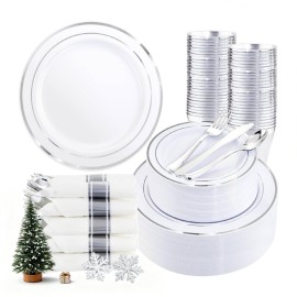 WDF Partyware 350Piece Silver Plastic Dinnerware Set for 50 Guests - Silver Plastic Plates with Cutlery Include:50Dinner Plates-50Dessert Plates-50Pre Rolled Napkins with Silverware for Christmas