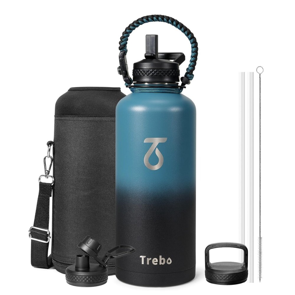 Trebo Water Bottle Insulation 87 oz, Vacuum Stainless Steel Water Jug (Keep Cold for 48 Hrs), LeakProof & Non-BPA, Water Flask with Paracord Handle & Straw Spout Lids, Indigo/Black