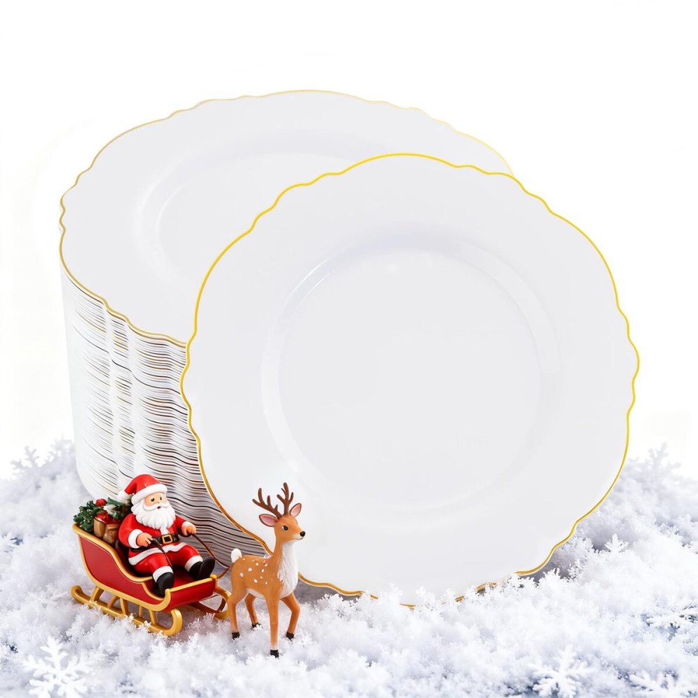 WDF 60pcs Gold Dessert Plates-7.5inch Baroque White and Gold Small Plastic Plates/Disposable Dessert/Salad/Appetizer Plastic Plate for Upscale Christmas/Wedding/Birthday
