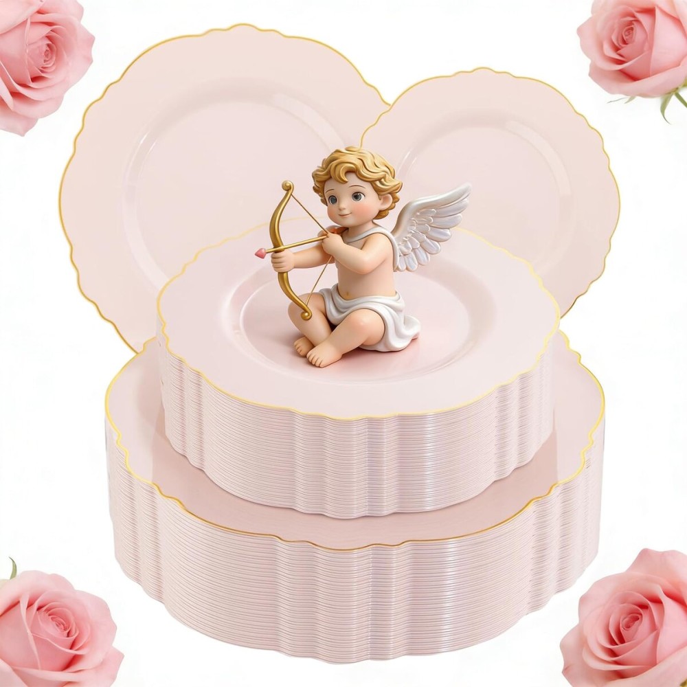 WDF 100pcs Pink Plastic Plates - High-end Baroque Design - Pink and Gold Plates for Upscale Party & Valentine\'s Day - Including 50 Disposable Plate 10.25inch, 50Salad Plate 7.5inch