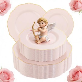 WDF 100pcs Pink Plastic Plates - High-end Baroque Design - Pink and Gold Plates for Upscale Party & Valentine\'s Day - Including 50 Disposable Plate 10.25inch, 50Salad Plate 7.5inch