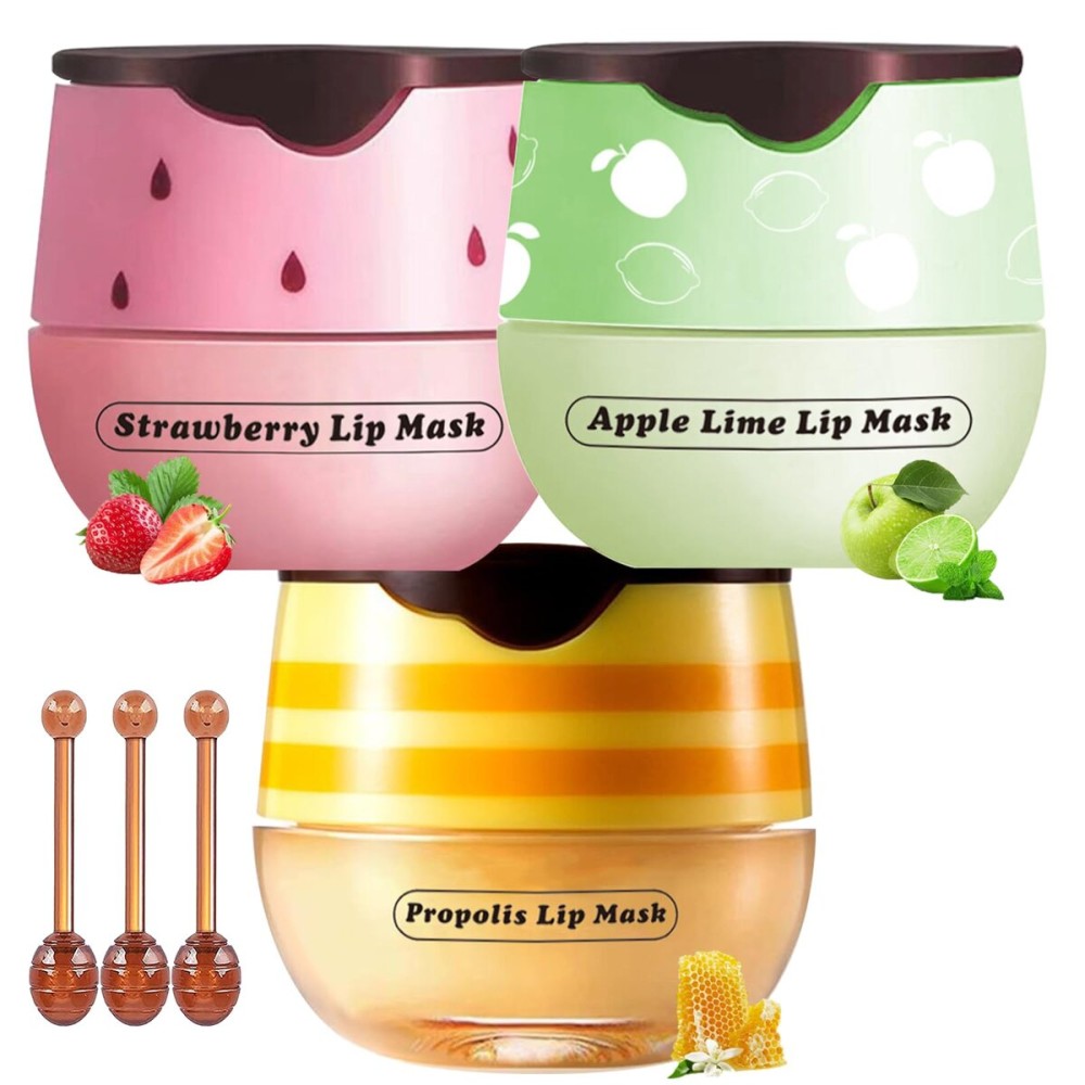 Honey Lip Balm Pot, 3 Pcs Honey & Strawberry & Apple Lime Lip Mask Propolis Moisturizing Hydrating Prevention Dry and Cracked Lip Scrubs Exfoliator