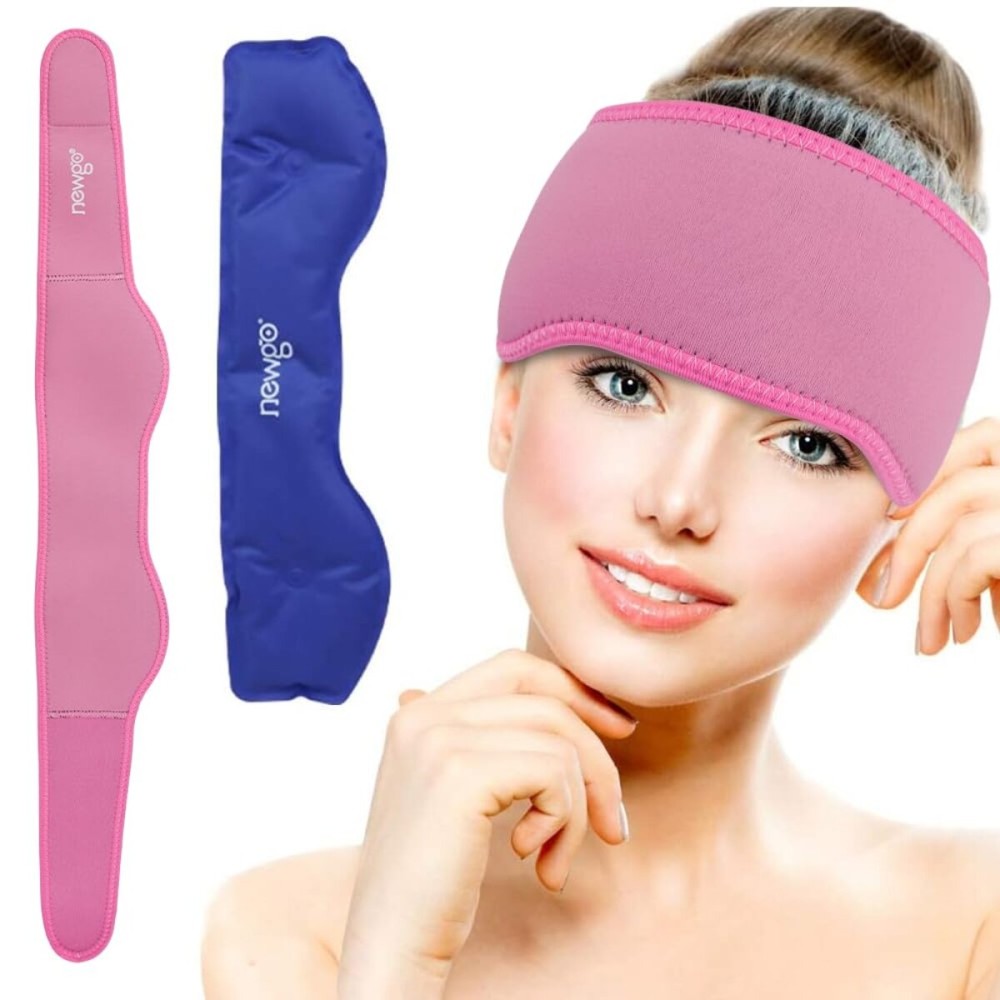 NEWGO Headache Ice Pack Head Wrap for Migraines, Cold Pack Head Ice Therapy Wrap for Headache Relief, Tension, Sinus Pain, Chemo, Head Injuries - Rosered