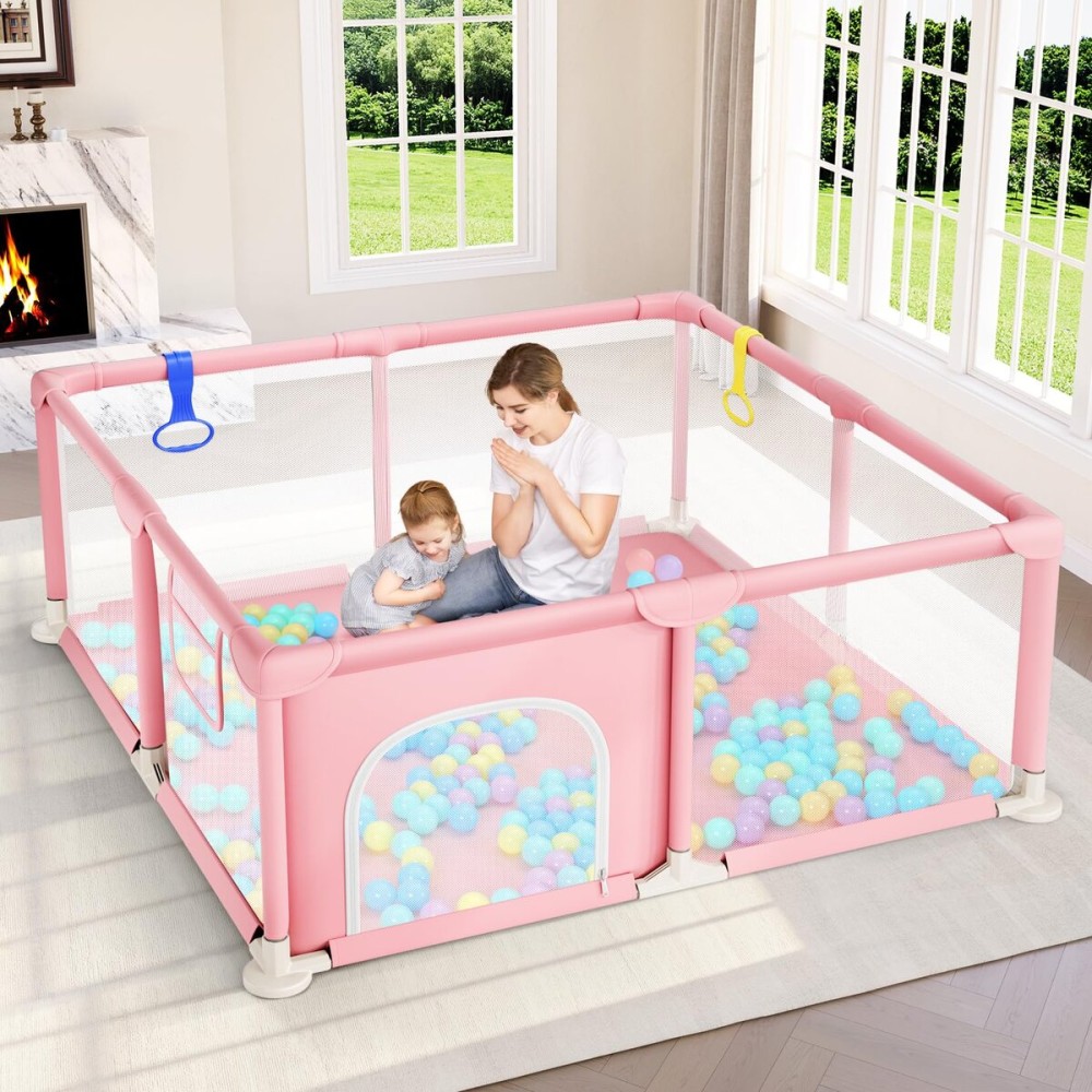 Dripex Baby Playpen, 5252 Inch Small Playpen for Babies, Enhanced Safety Baby Play Yard for Indoor & Outdoor, Infant Play Pen with Soft Breathable Visible Mesh, Anti-Fall Design & Easy Setup, Pink