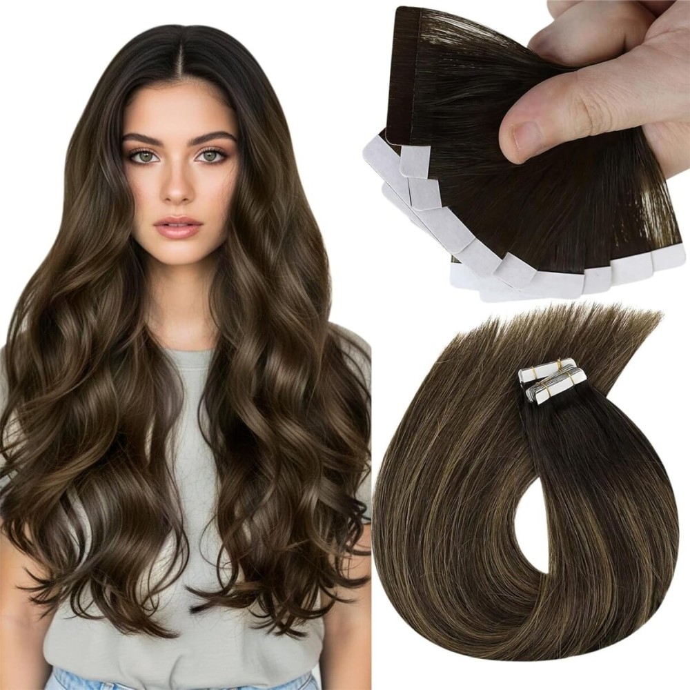 Sunny Hair Tape in Hair Extensions Real Human Hair Invisible Remy Hair Extensions Tape ins for Women Darkest Brown Ombre Medium Brown Balayage 14 inch 25G