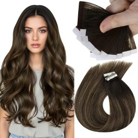 Sunny Hair Tape in Hair Extensions Real Human Hair Invisible Remy Hair Extensions Tape ins for Women Darkest Brown Ombre Medium Brown Balayage 14 inch 25G